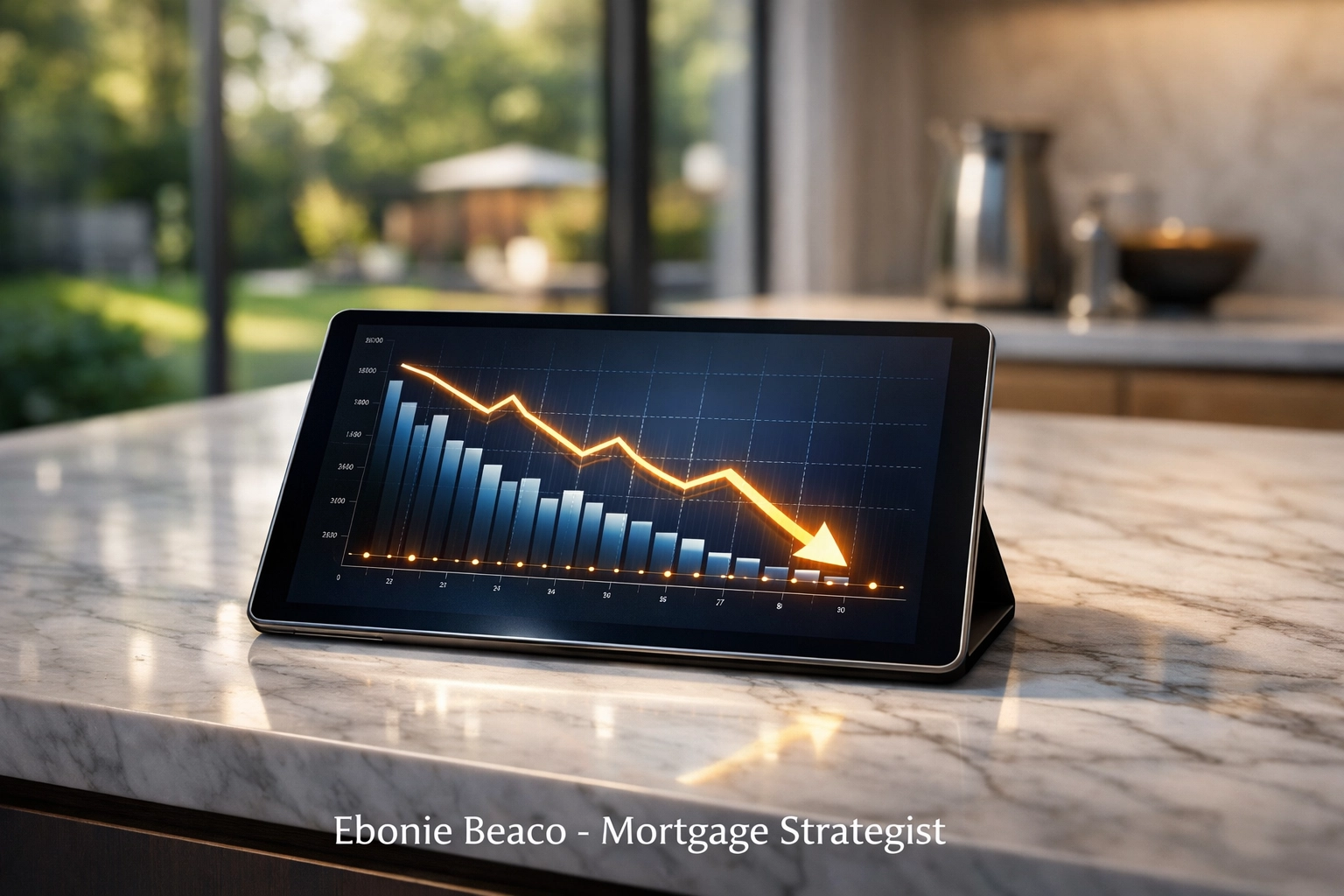 Tablet displaying a downward interest rate trend for home equity lines of credit.