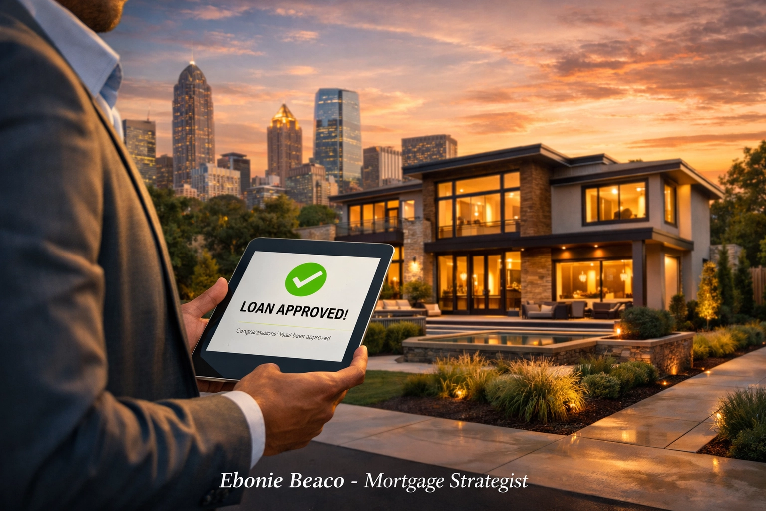 Investment property loan approval displayed on a tablet in front of a modern luxury home.
