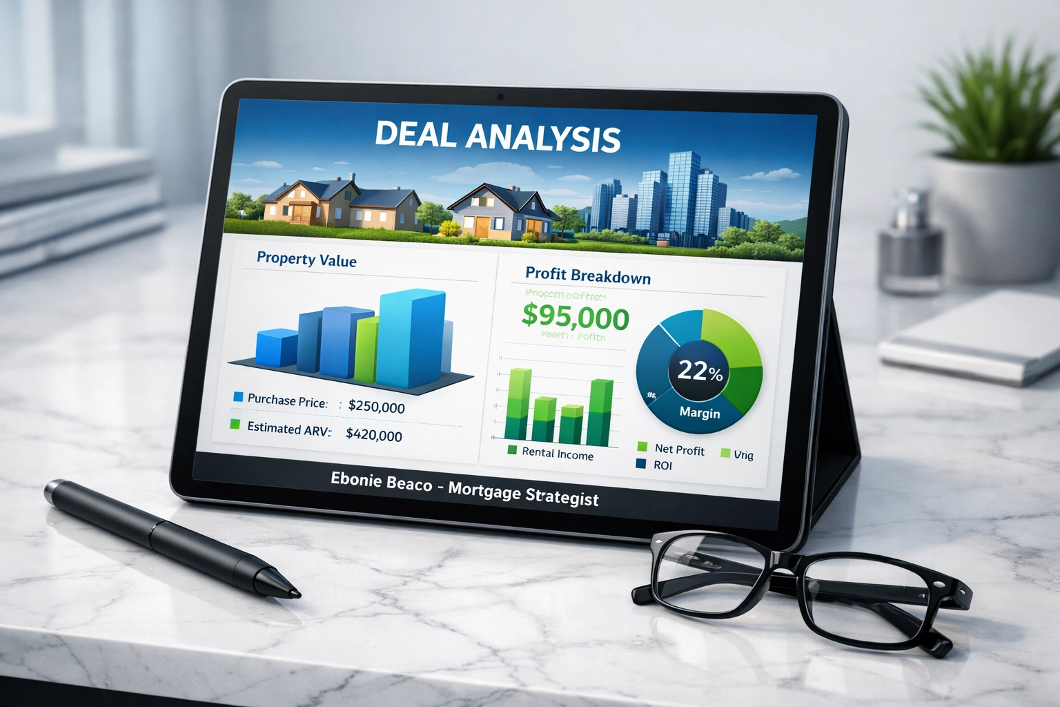 Financial dashboard showing real estate investment analysis and wholesale profit projections.