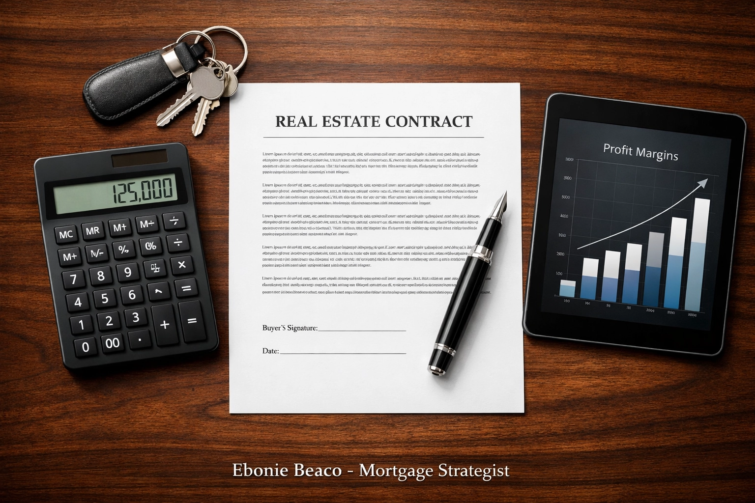 Real estate investor workspace with a mortgage calculator and contract to analyze wholesale deal profits.