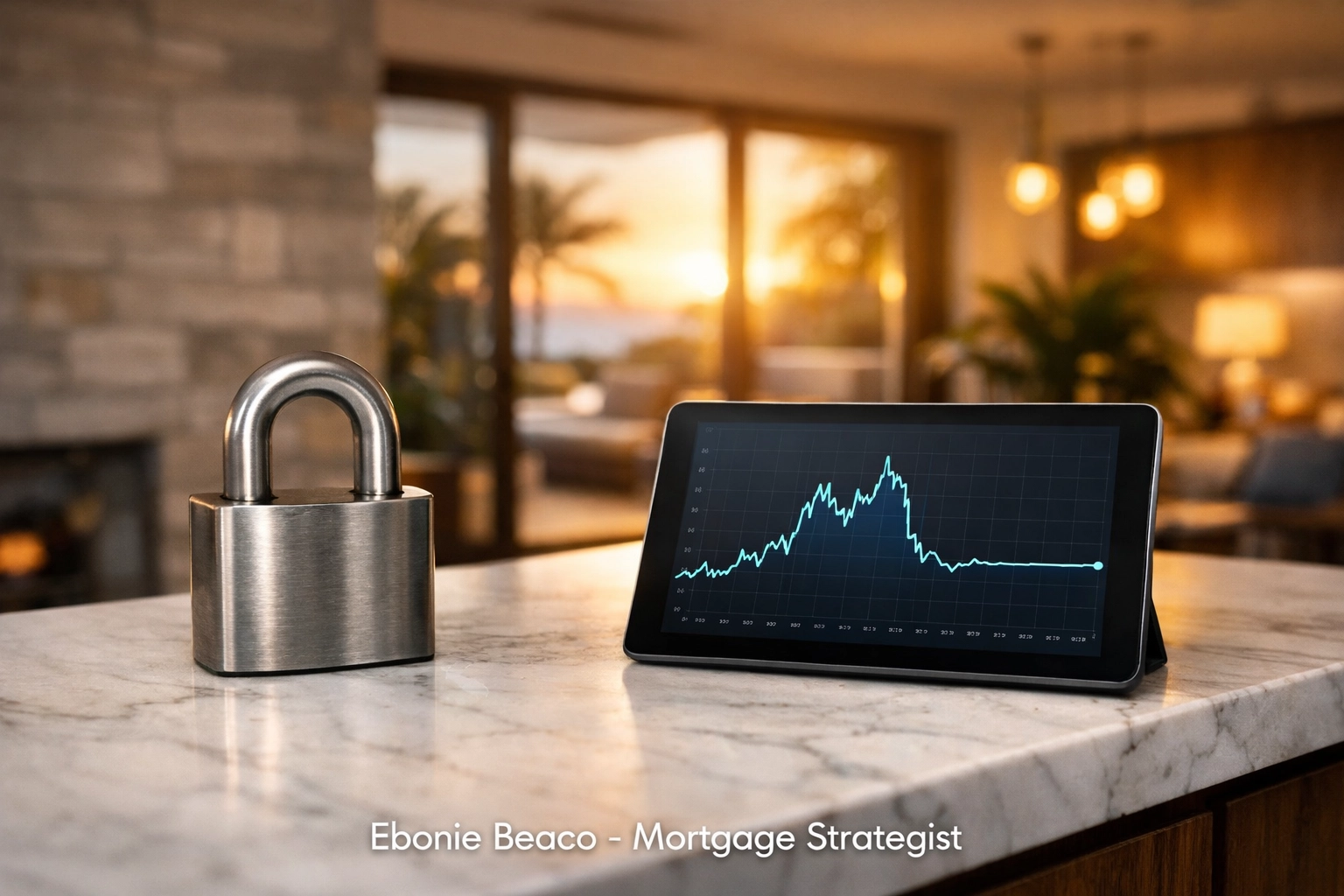 Florida kitchen with a padlock and financial chart representing a fixed-rate lock for a home equity line of credit.