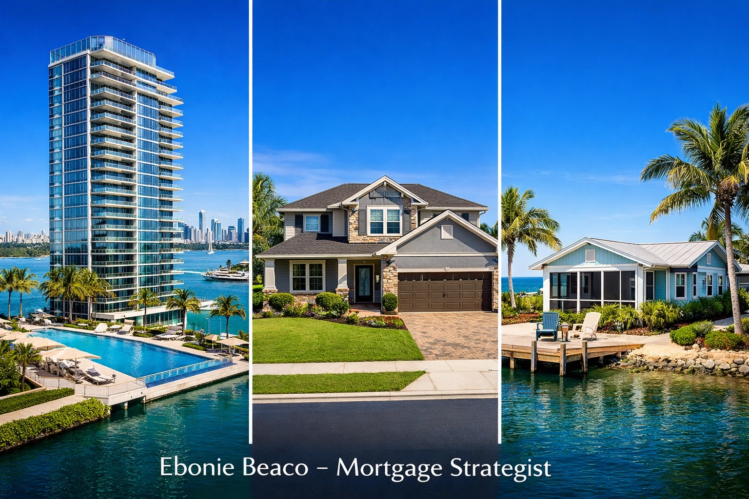 Miami condo, Orlando home, and Tampa bungalow showcasing Florida property types for HELOC and equity investor loans.