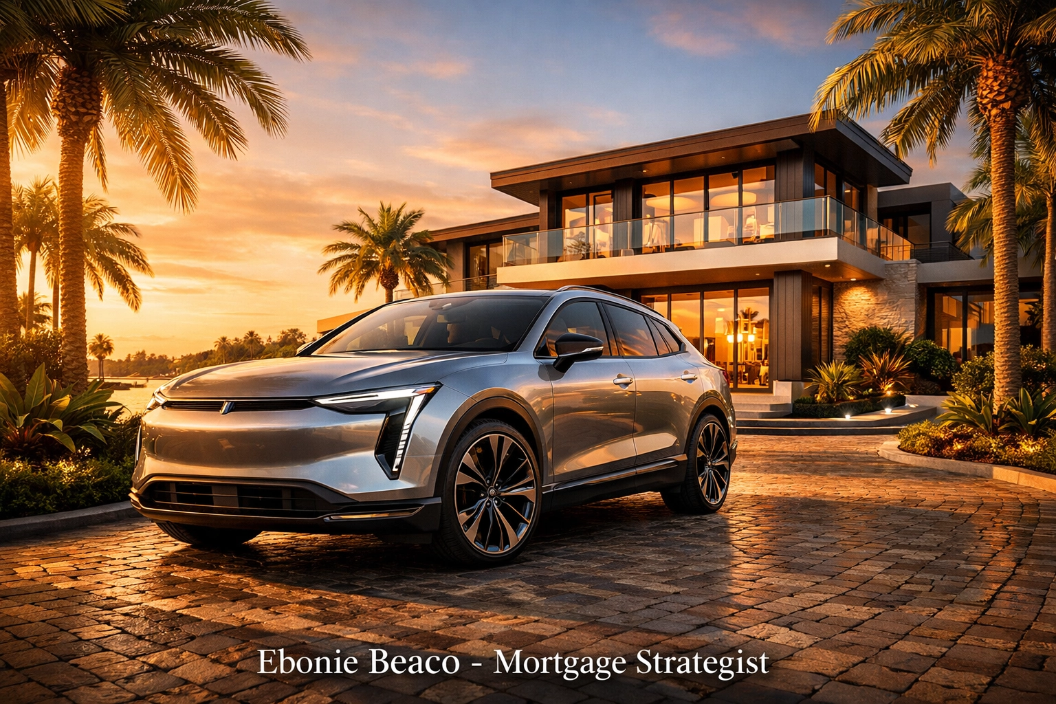 Luxury car at a Florida waterfront property showing financial stability needed for jumbo loans.