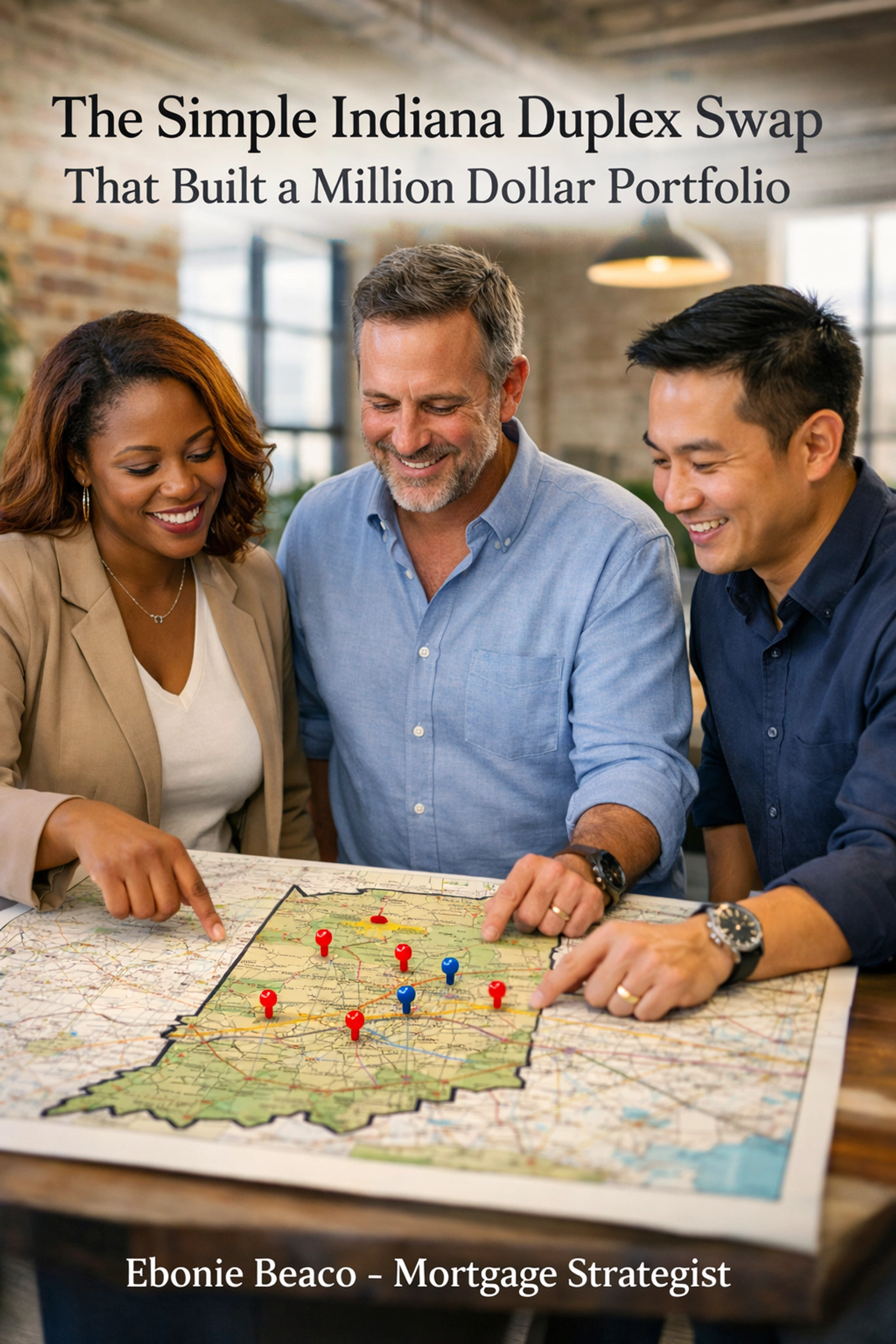 Real estate investors planning an Indiana multi-family property portfolio expansion using a map.