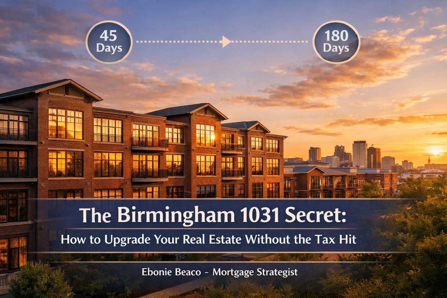 Birmingham apartment complex with 1031 exchange 45-day and 180-day timeline graphic for Alabama investors.