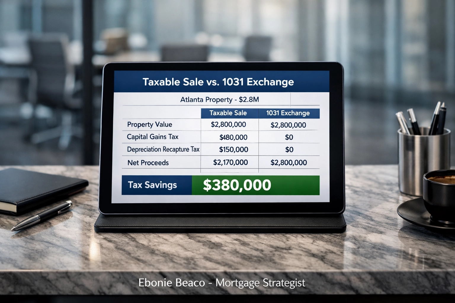 Comparison of tax savings for a 1031 exchange versus a taxable sale for an Atlanta multi-family property.