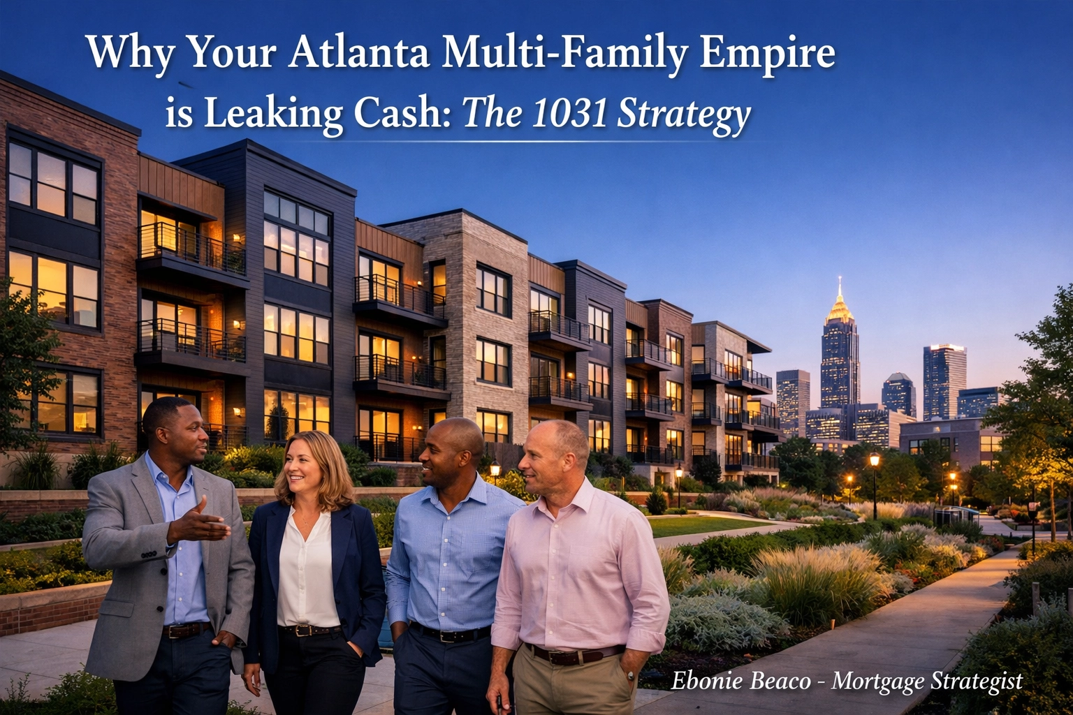 Investors standing in front of a modern multi-family apartment complex in a vibrant Atlanta neighborhood.