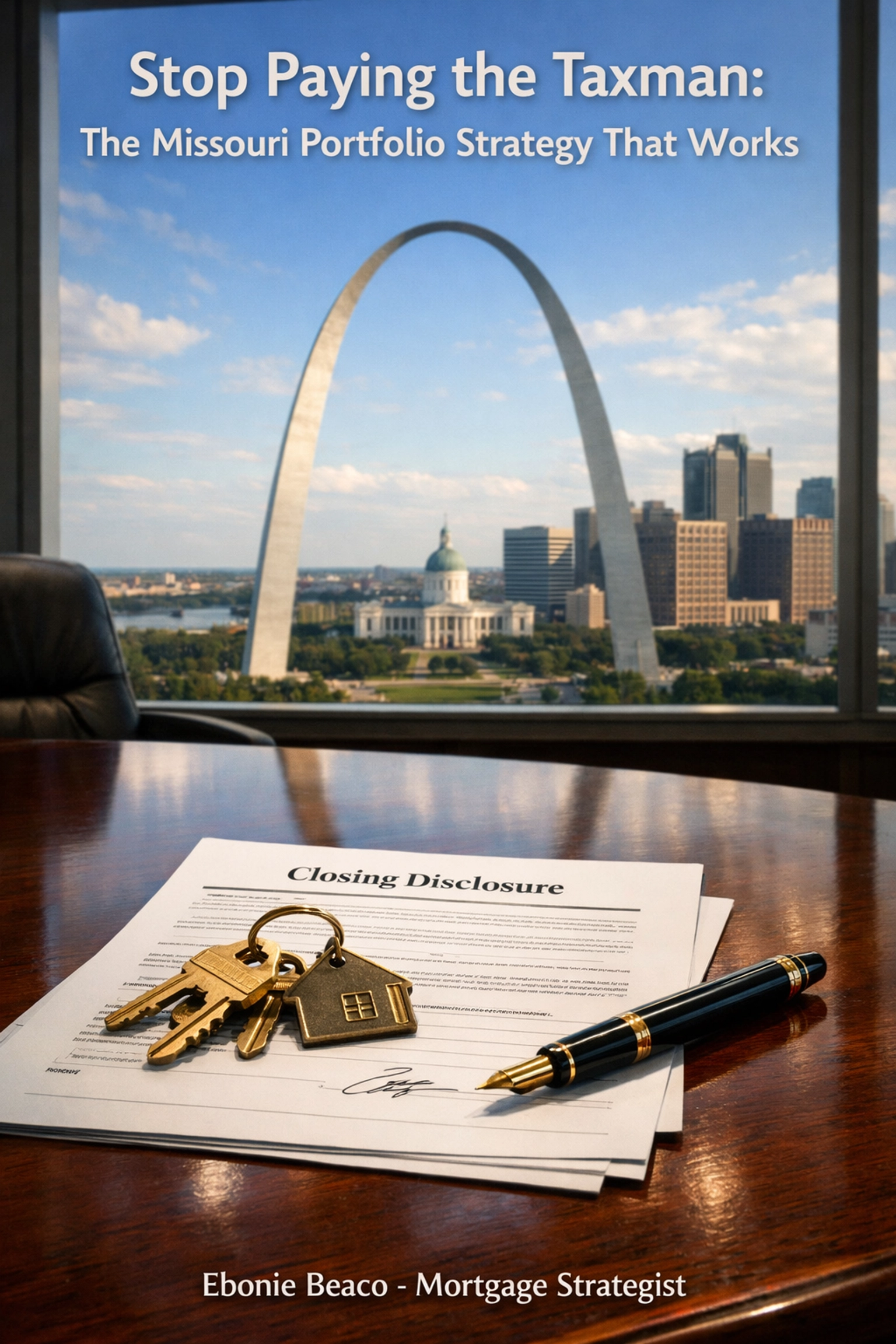 Real estate closing documents and keys in a St. Louis office overlooking the Gateway Arch.