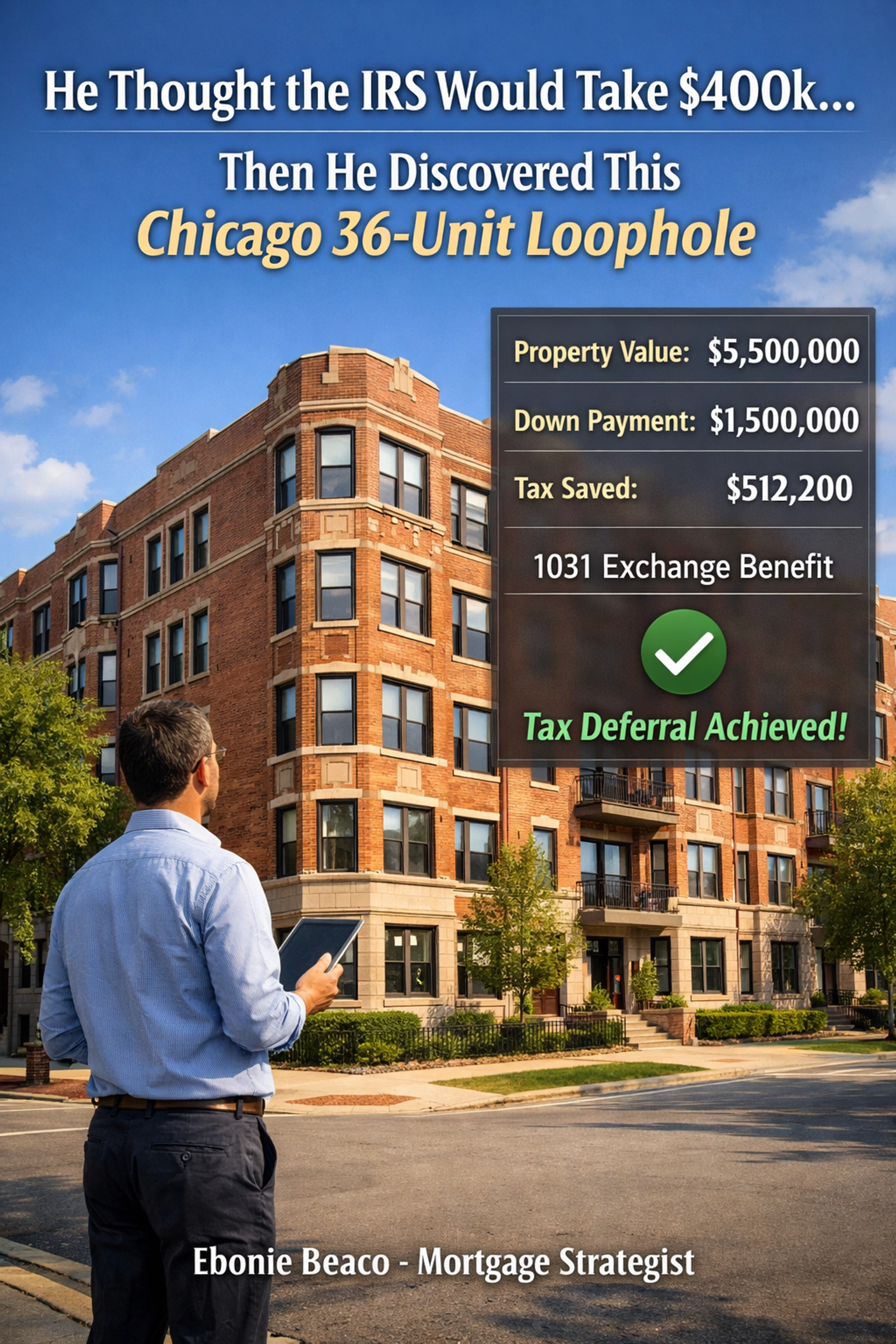 Real estate investor viewing a 36-unit Chicago apartment building with 1031 exchange tax deferral calculations.