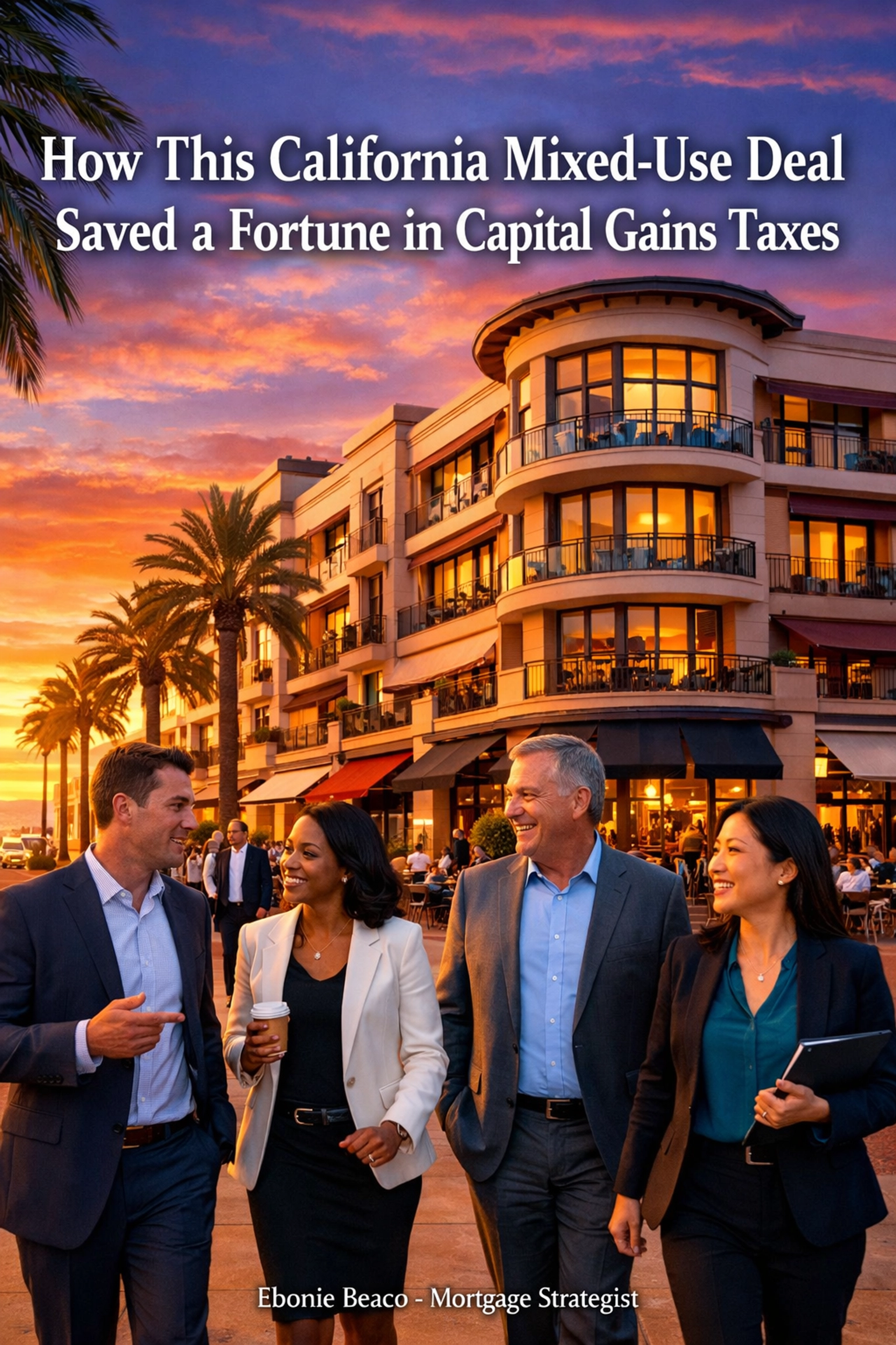 Luxury mixed-use commercial and residential building in California at sunset for property investors.