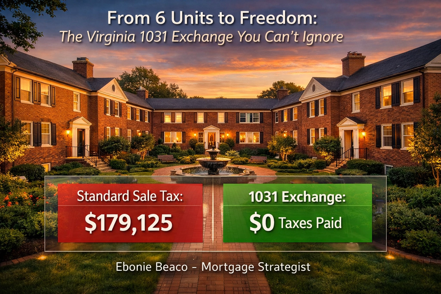 Virginia 1031 exchange tax savings for a 6-unit multi-family courtyard apartment building investment.