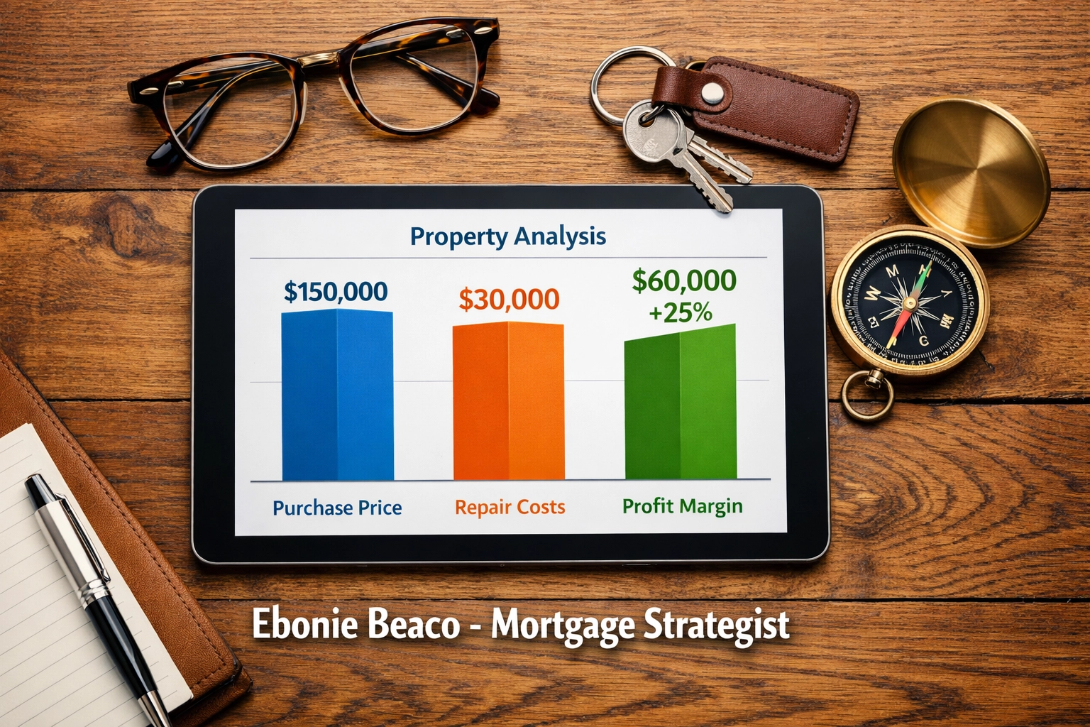 A tablet displaying a financial chart for calculating real estate wholesale deal profit margins.