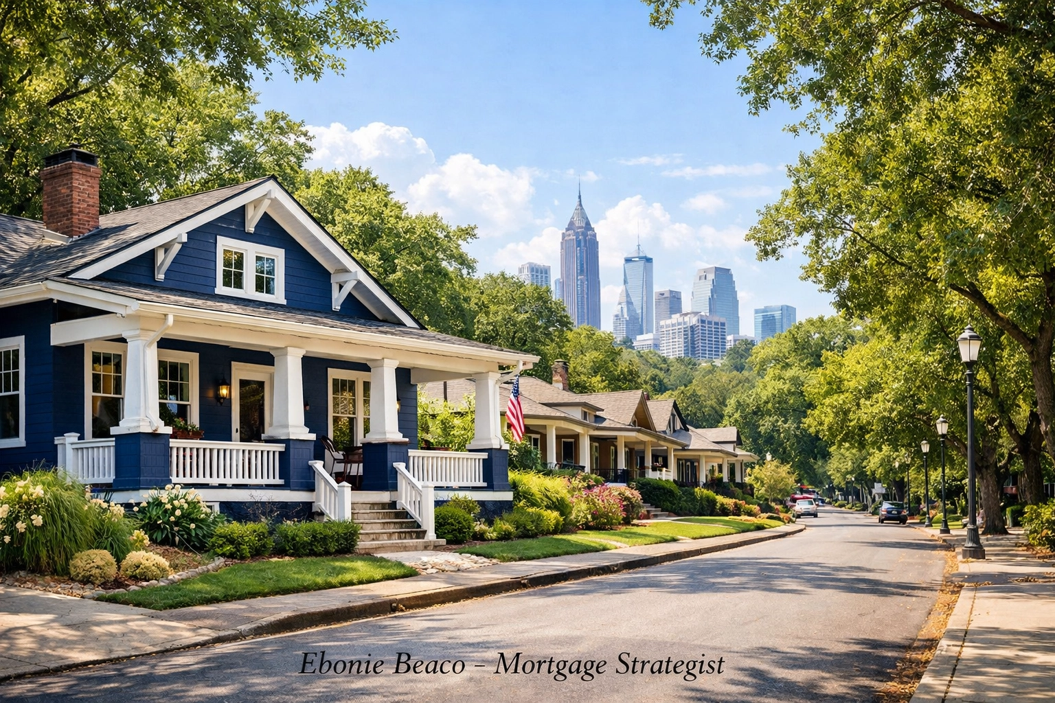 A renovated craftsman house in an Atlanta neighborhood with the city skyline in the distance.