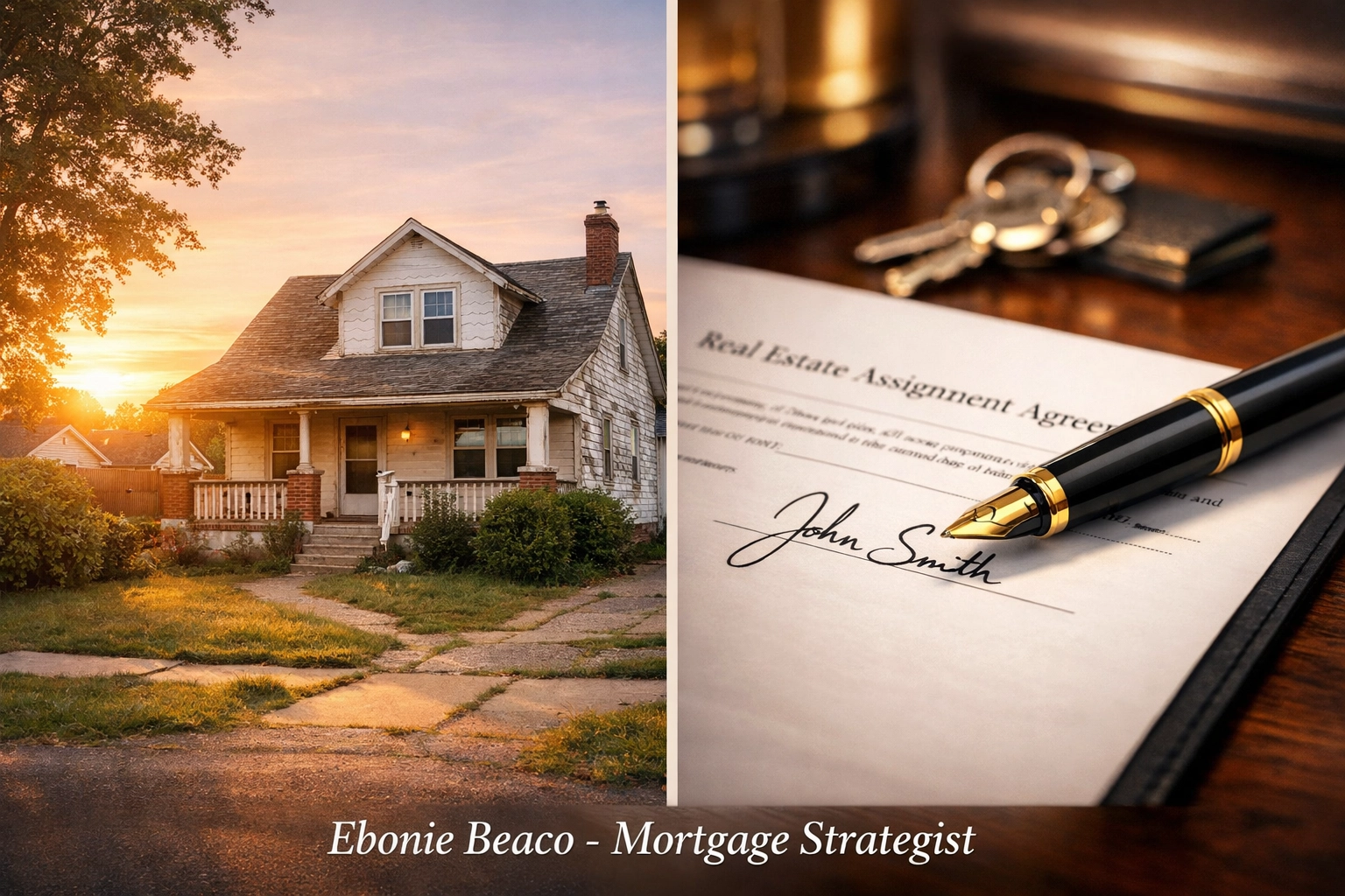 A distressed suburban house next to a signed real estate wholesale assignment contract on a desk.