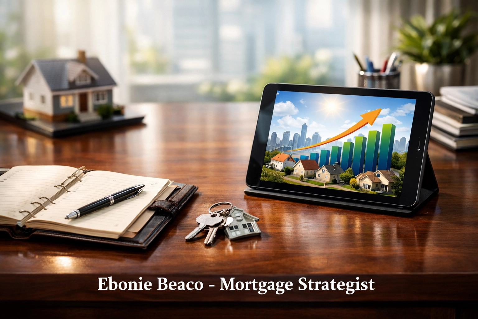 Professional workspace with market charts and keys used for calculating a wholesale assignment fee.