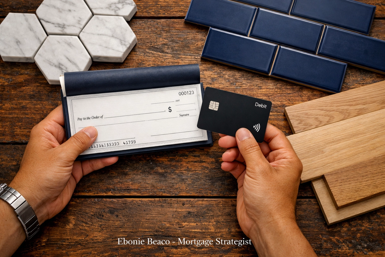 Using a HELOC checkbook and debit card to purchase home improvement materials like tile and flooring.