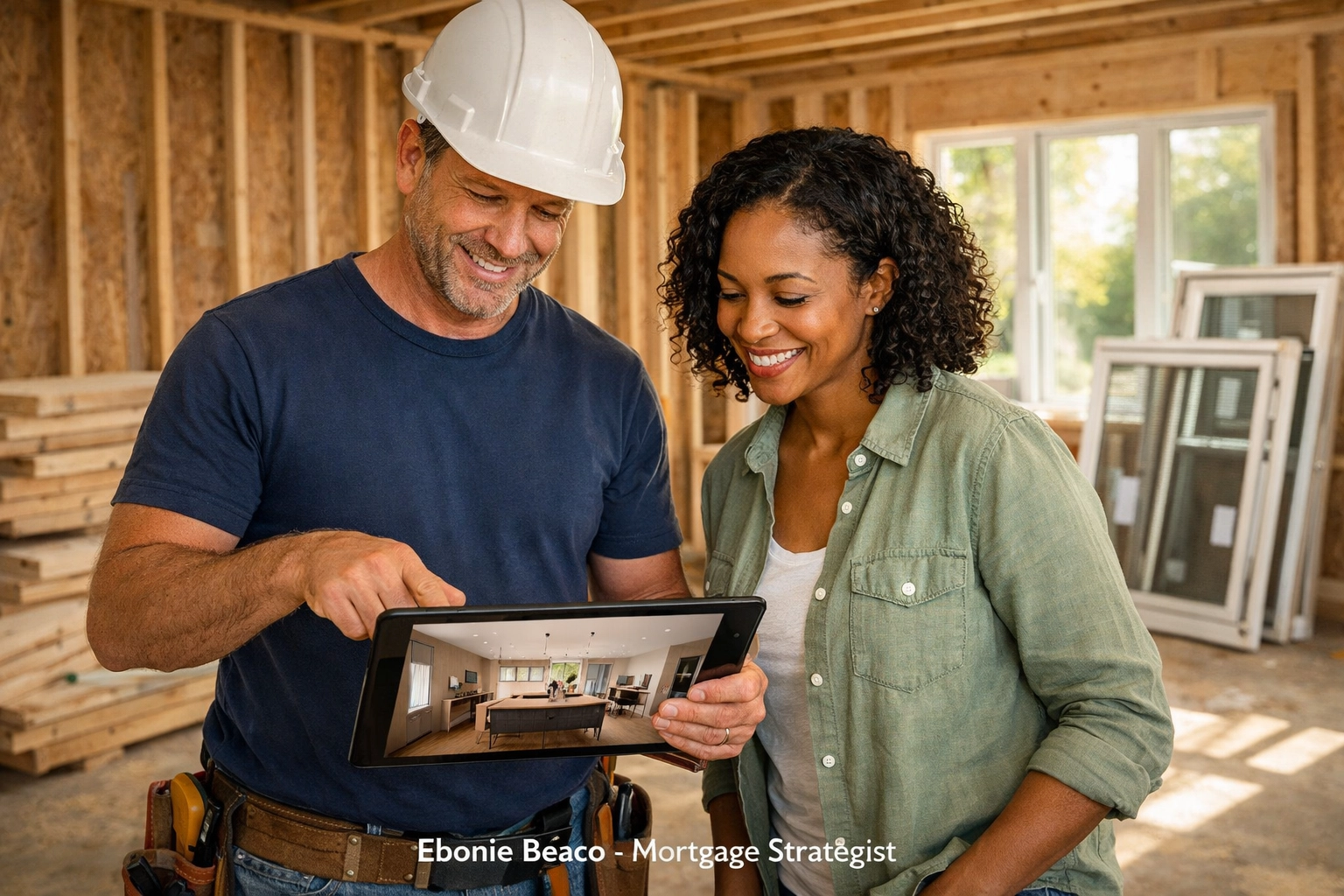 Homeowner and contractor discussing renovation plans to manage remodeling costs with a flexible HELOC.