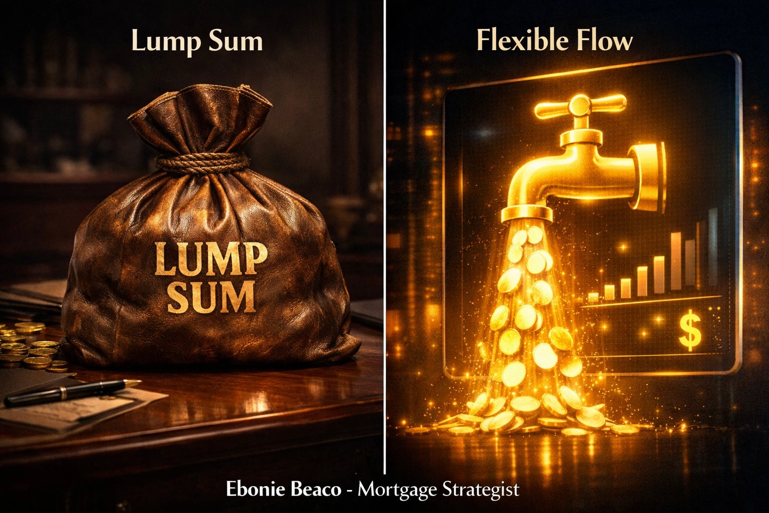 Comparison of a lump sum home equity loan versus the flexible revolving access of a HELOC.