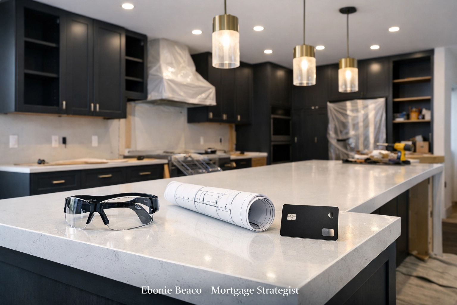 Kitchen remodel in progress with a HELOC card representing a flexible home equity line of credit.