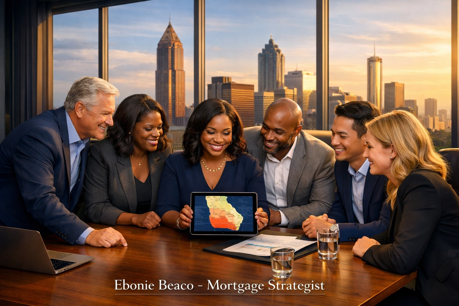 Real estate investors in an Atlanta office reviewing a Georgia property map for wholesale deals.