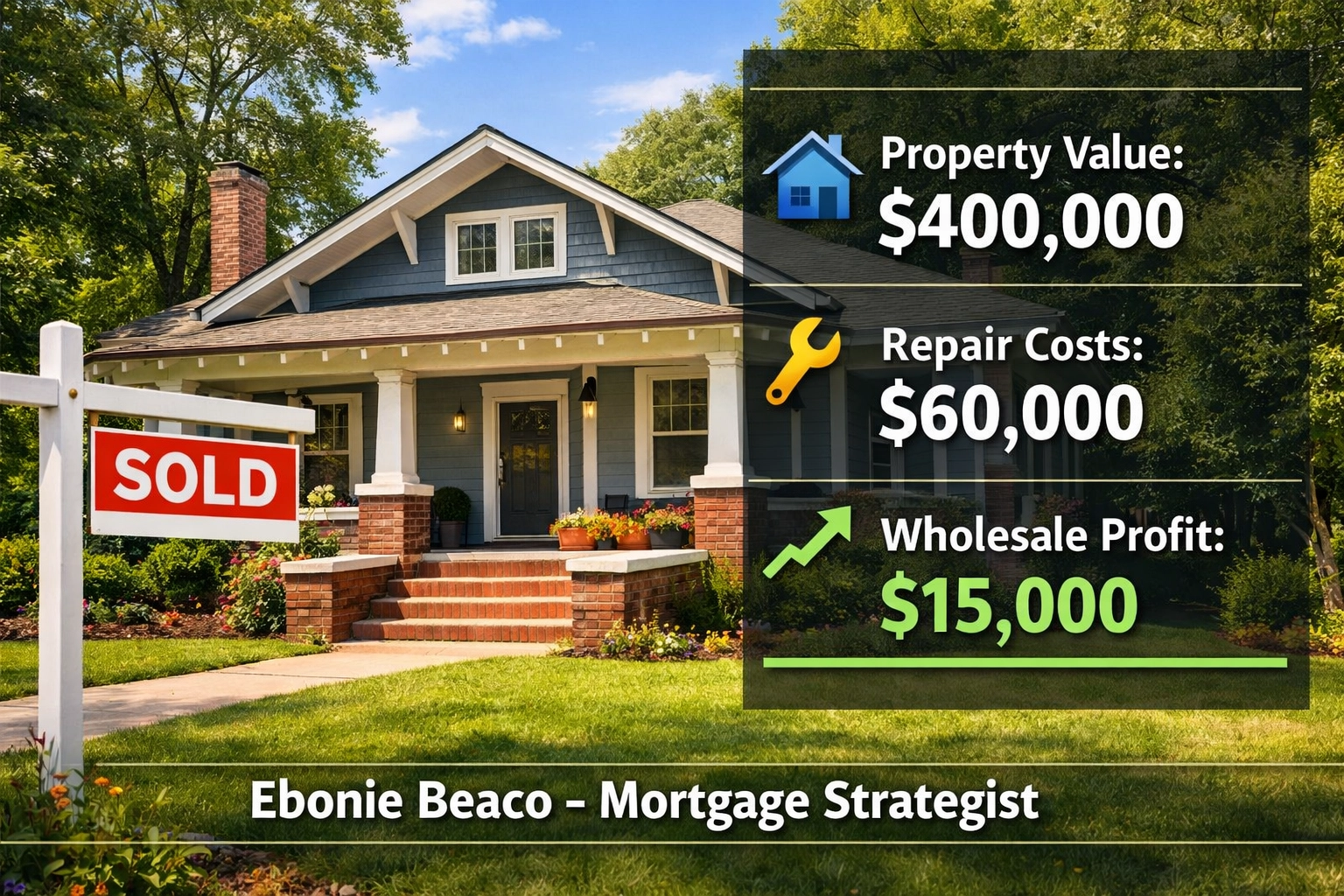 Atlanta bungalow sold sign with a financial breakdown showing wholesale profit and repair costs.