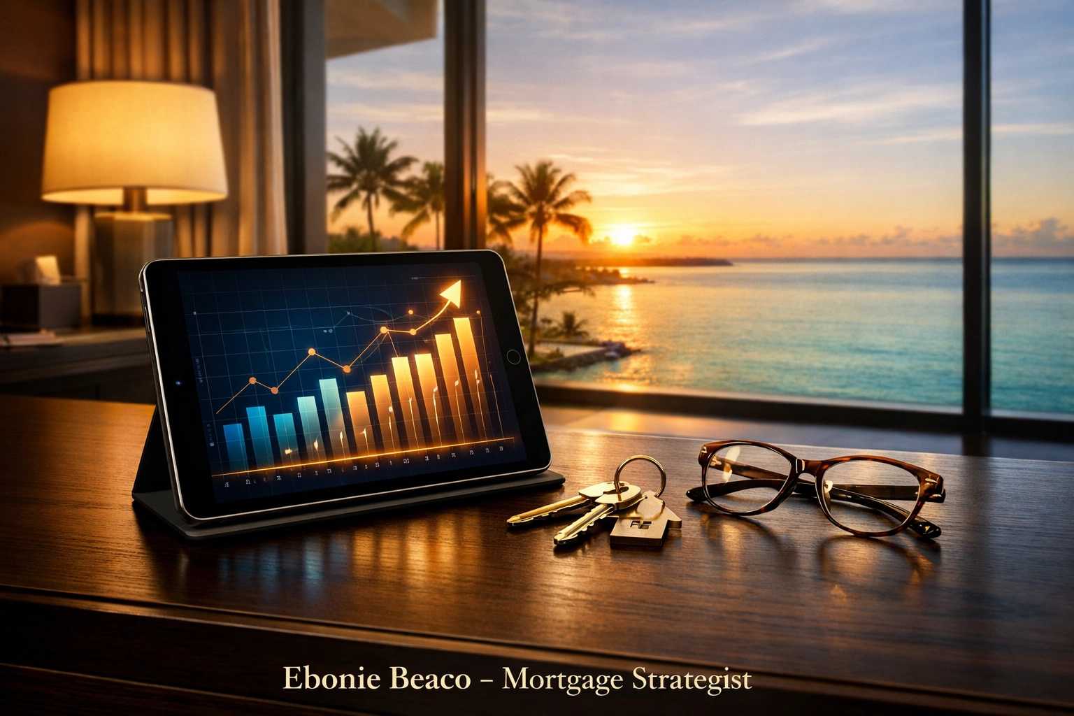 Financial planning for Florida jumbo loans in a luxury home office overlooking the coast.