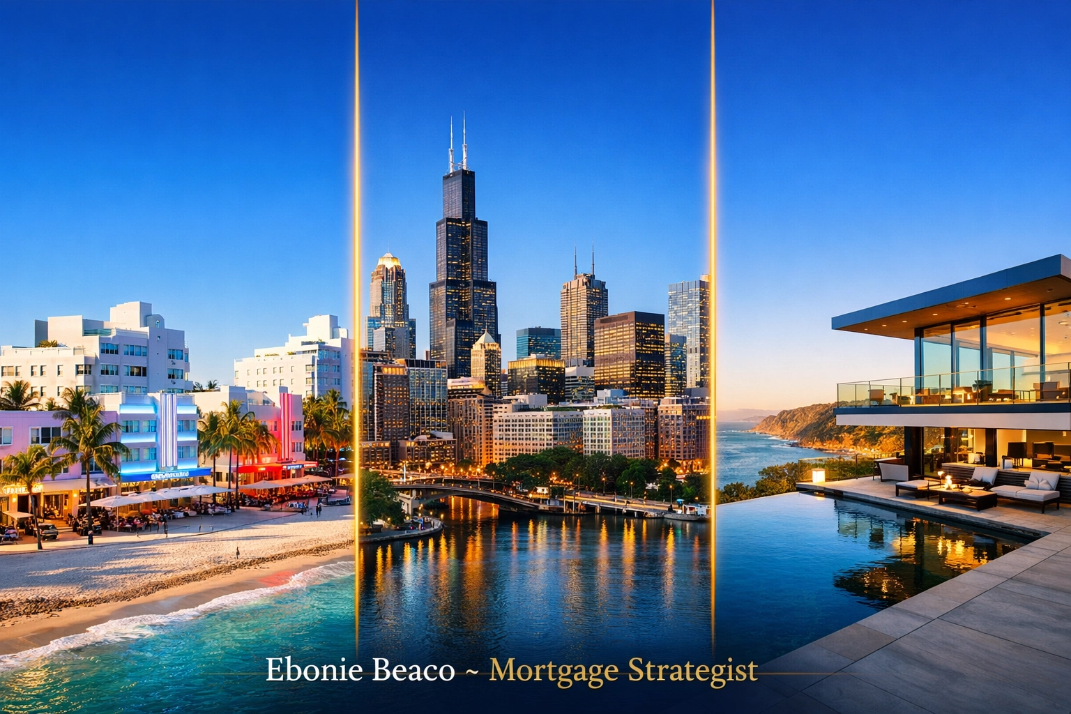 Luxury skylines representing Florida, Chicago, and California jumbo loan market opportunities.