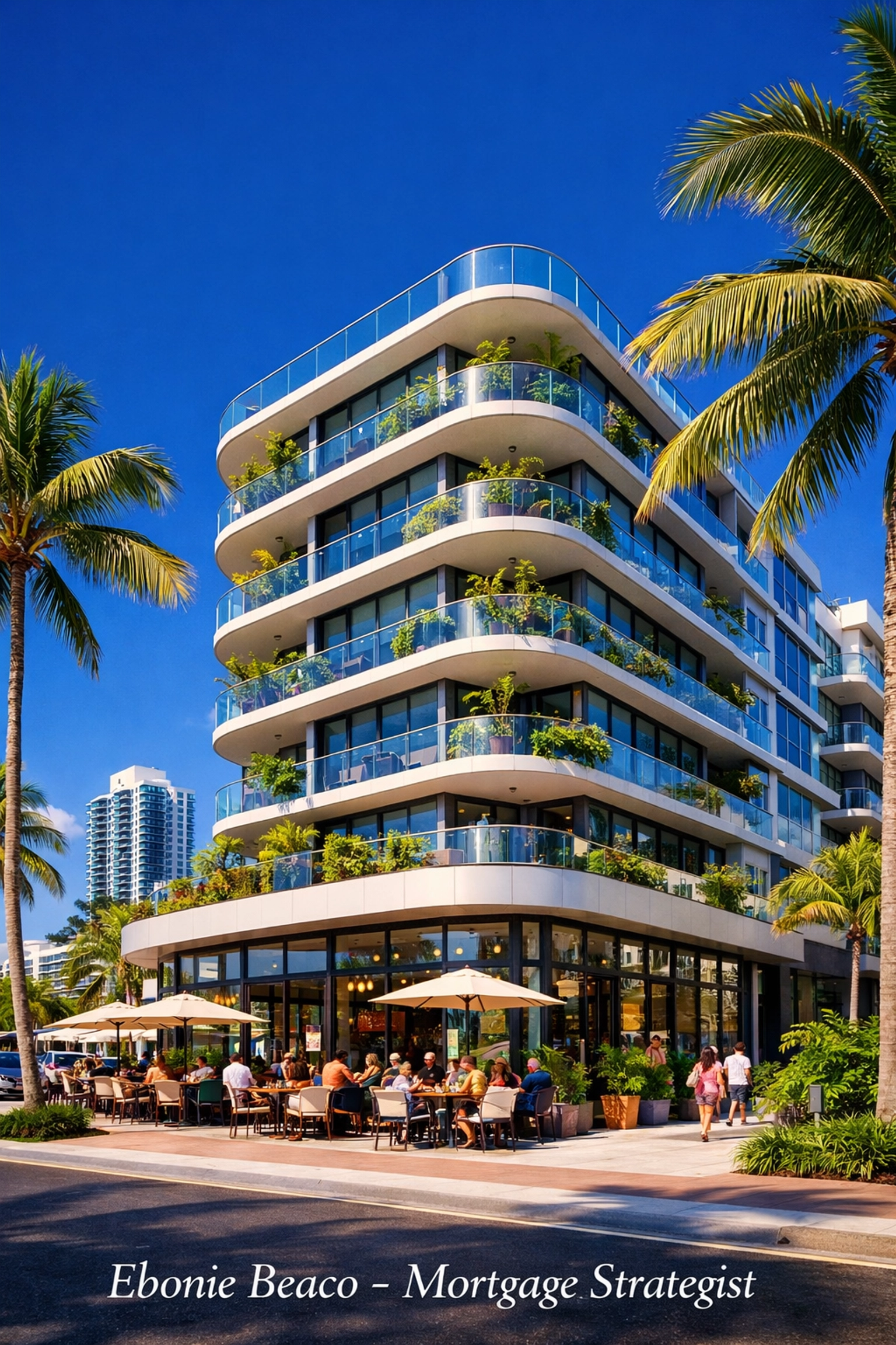 A modern luxury mixed-use building in a coastal city financed with a commercial bridge loan.