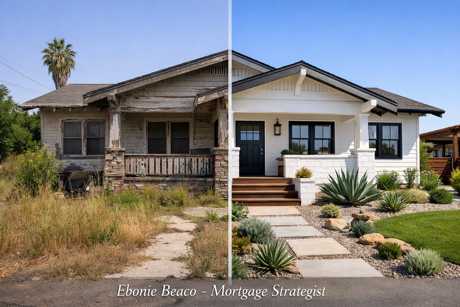 Before and after transformation of a California bungalow renovated using a fix and flip loan.