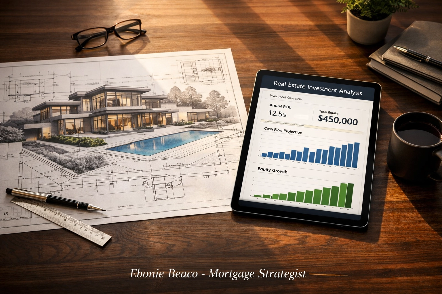 Real estate investment analysis on a tablet next to a modern home blueprint on an office desk.