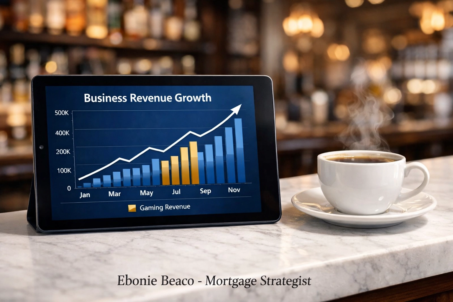 Financial chart on a tablet showing significant gaming revenue growth for a Chicago bar and its landlord.