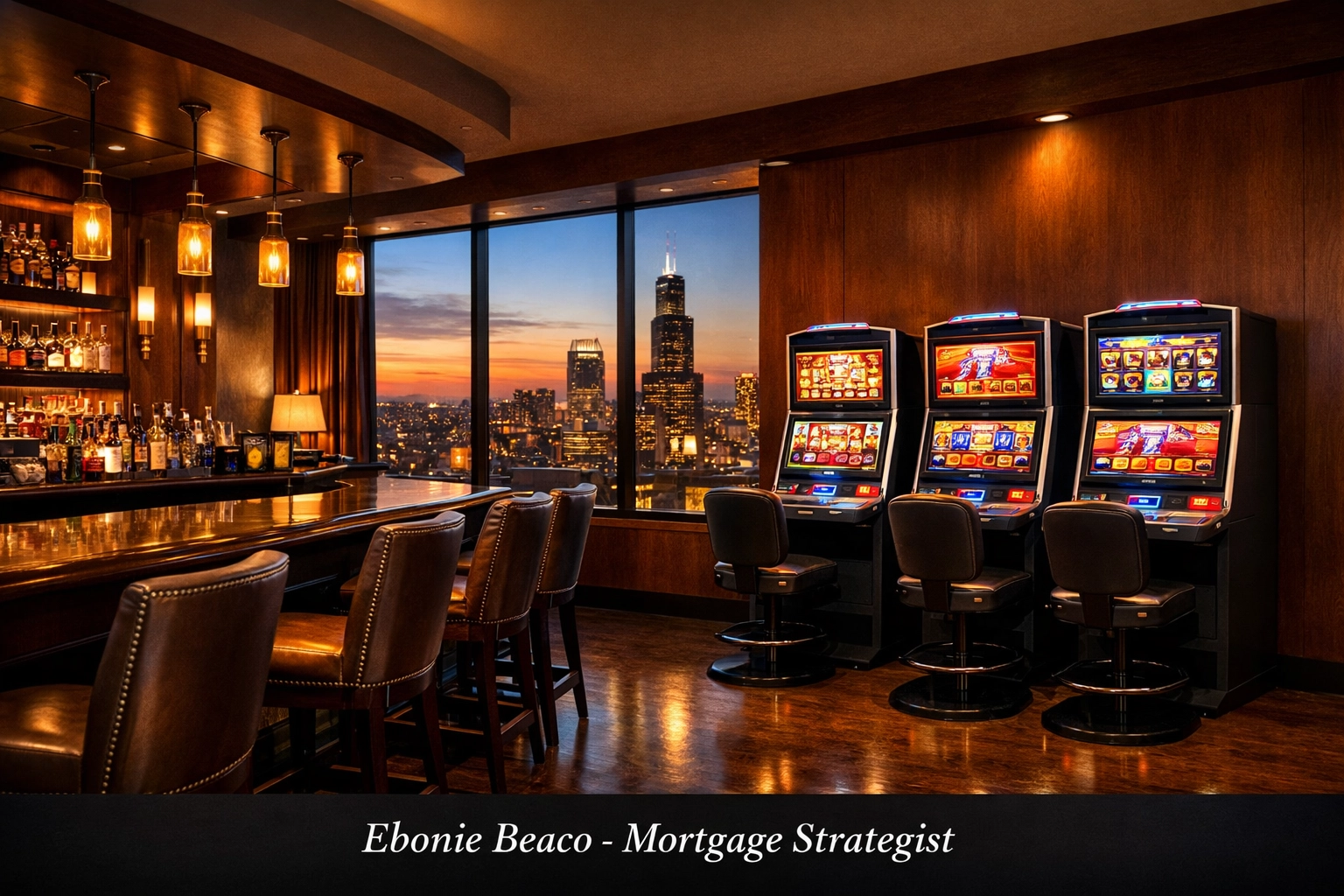 Modern Chicago bar interior featuring glowing video gaming terminals and slot machines for increased revenue.