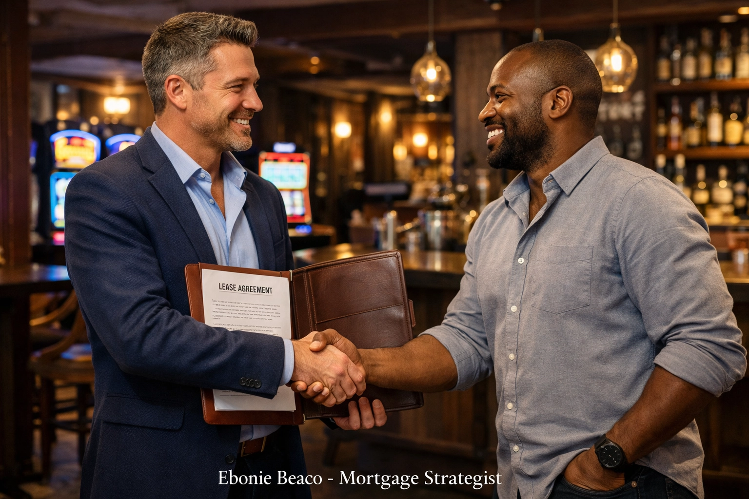 Real estate investor and Chicago bar owner shaking hands over a lease agreement in a gaming establishment.