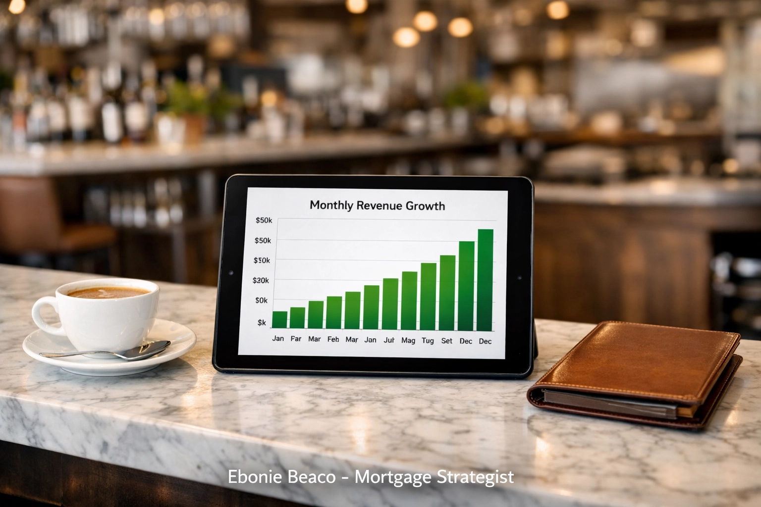 Financial chart on a tablet showing increased revenue and passive income for a Chicago restaurant tenant.