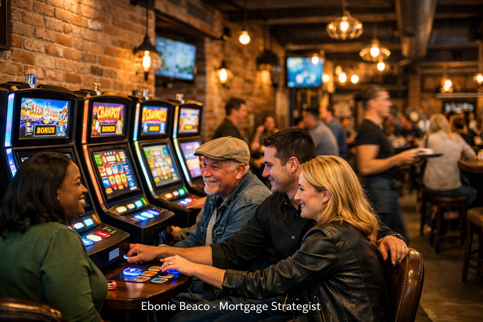 Patrons in a busy Chicago tavern with slot machines providing extra cash flow for real estate investors.