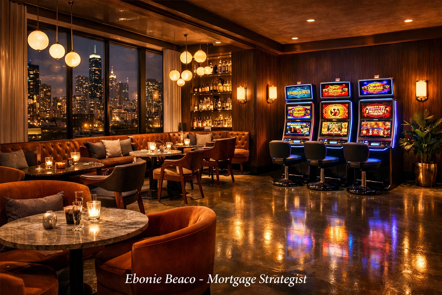 Sleek Chicago restaurant lounge with integrated video gaming machines for increased business profitability.