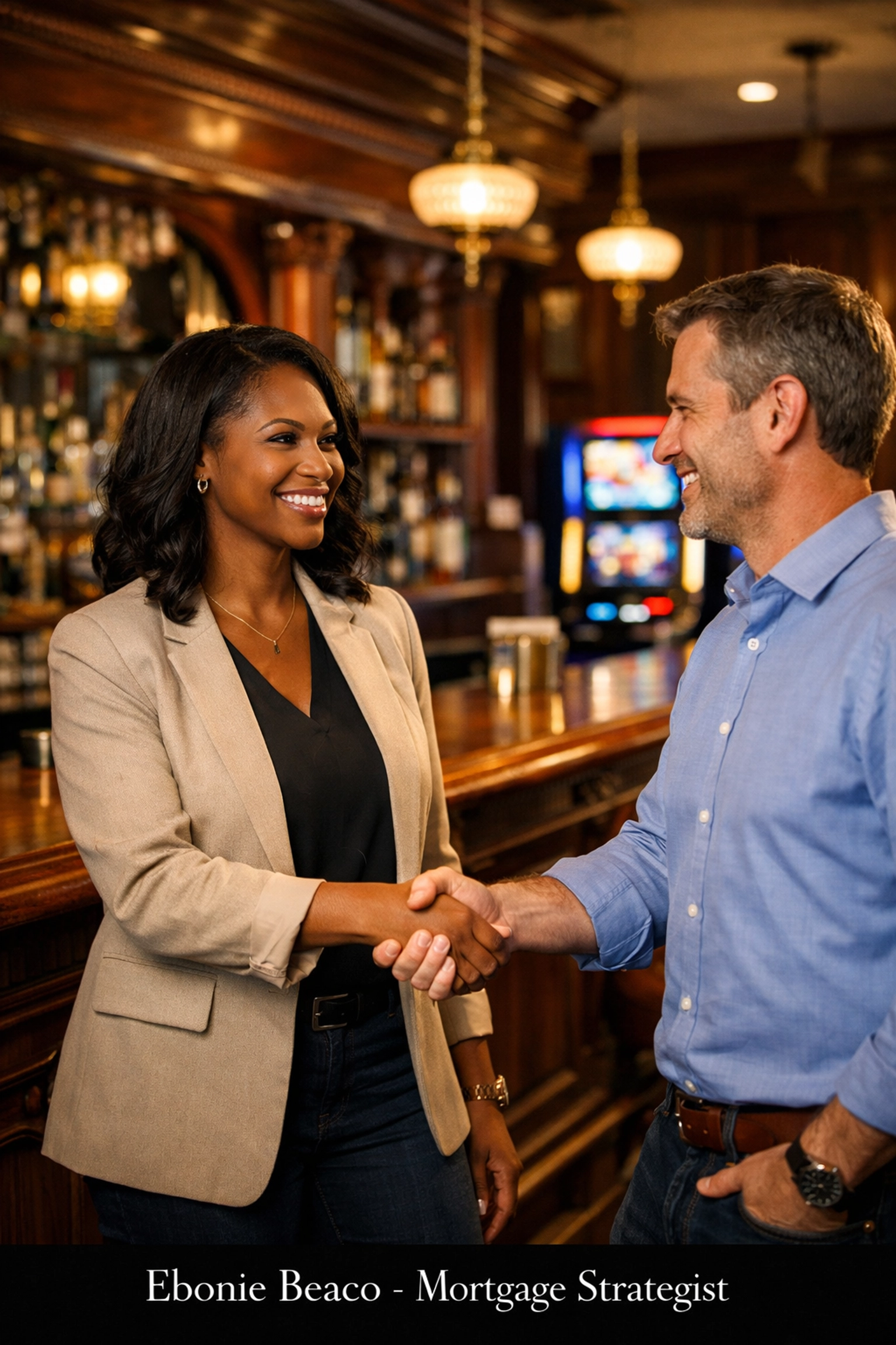 Chicago real estate investor and tavern owner shaking hands near slot machines to secure long-term leases.