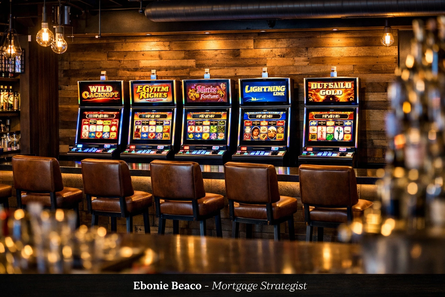 Modern Chicago bar interior featuring video slot machines to boost tenant revenue and property ROI.