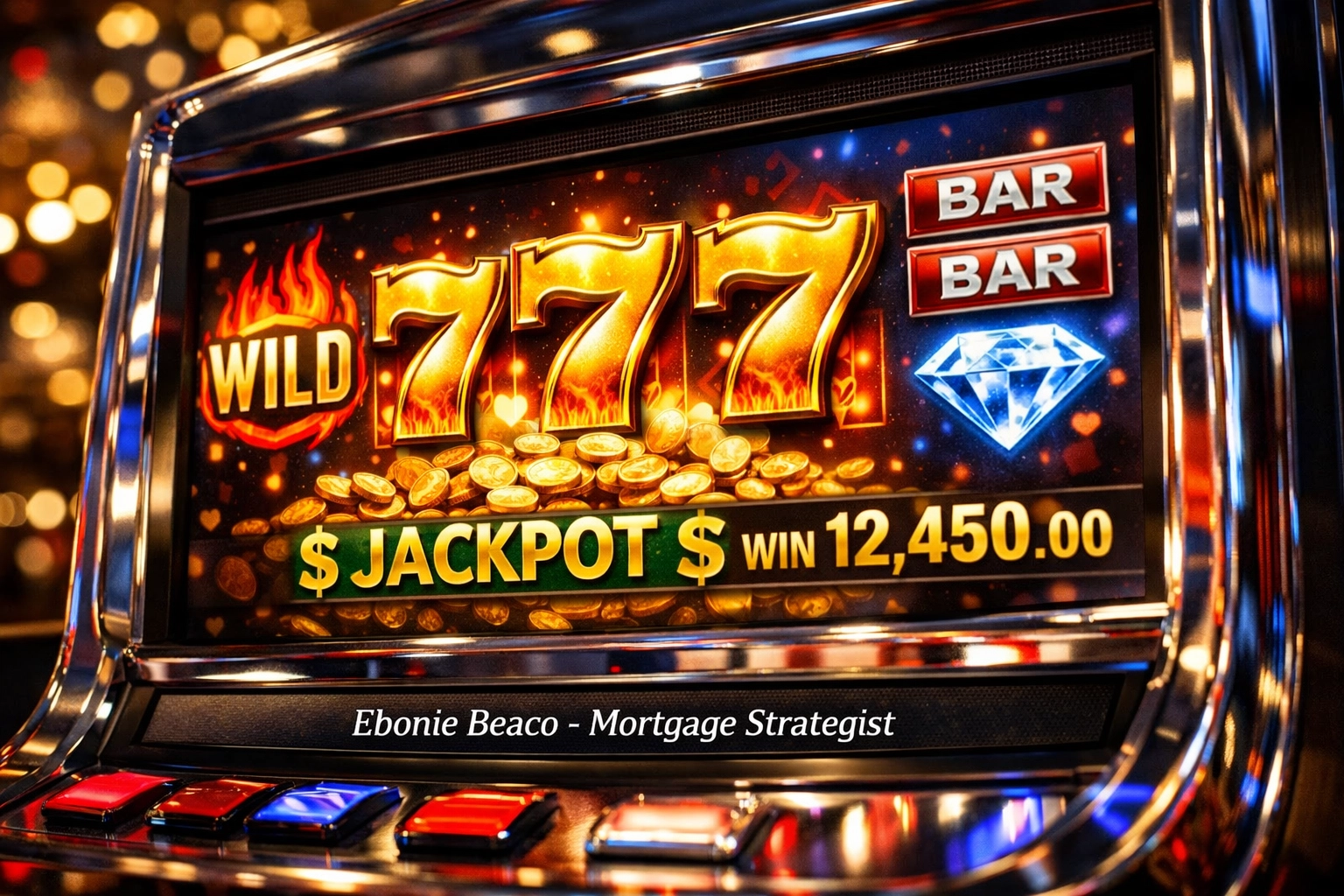 Close-up of a glowing video slot machine screen in a Chicago lounge representing high investment returns.