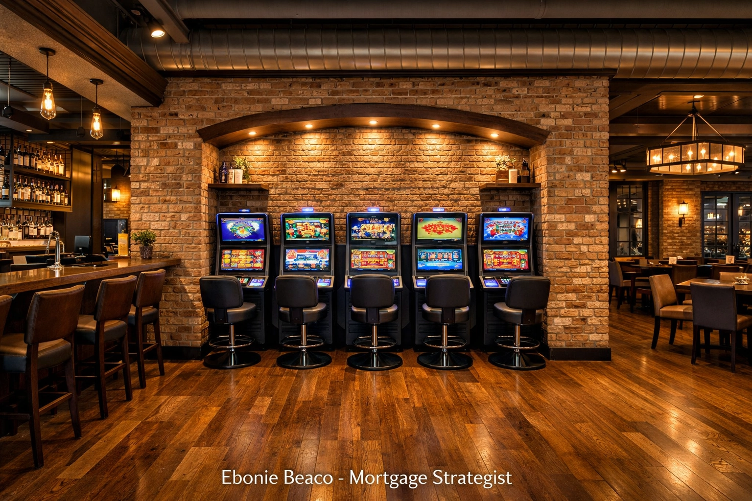 Modern Chicago bar interior featuring video gaming terminals for improved tenant rent coverage.