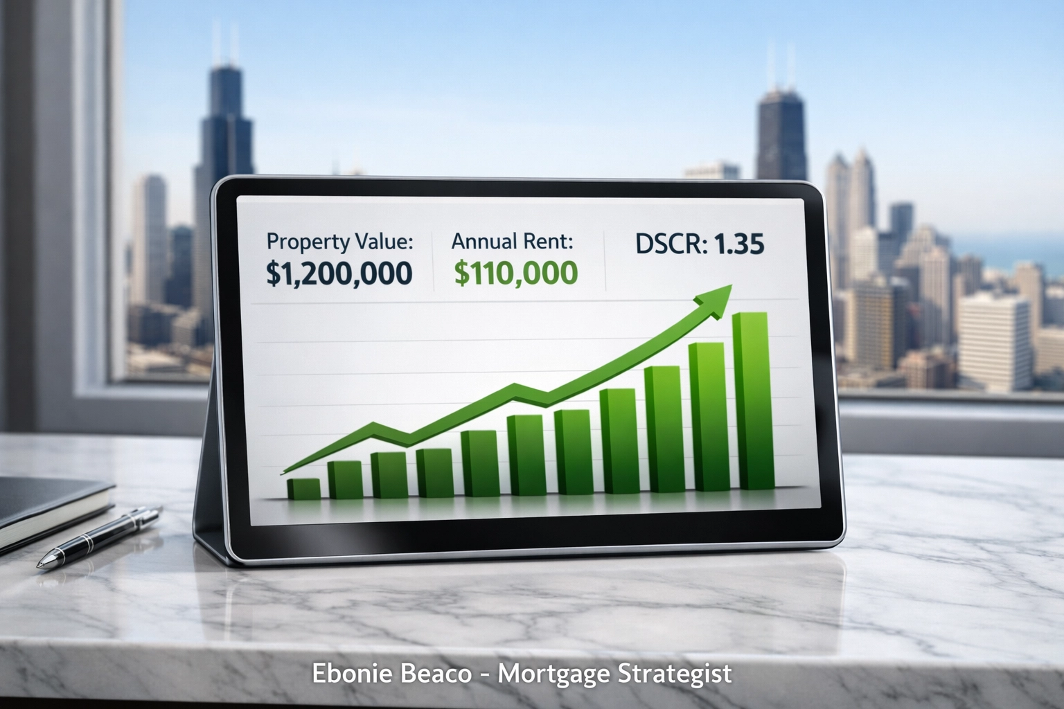 Real estate investment dashboard showing property value and high DSCR for Chicago mortgage financing.