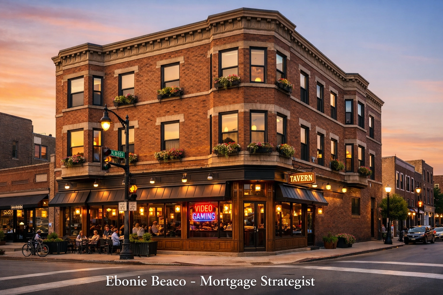 Classic Chicago mixed-use brick building with a video gaming tavern on the ground floor corner.
