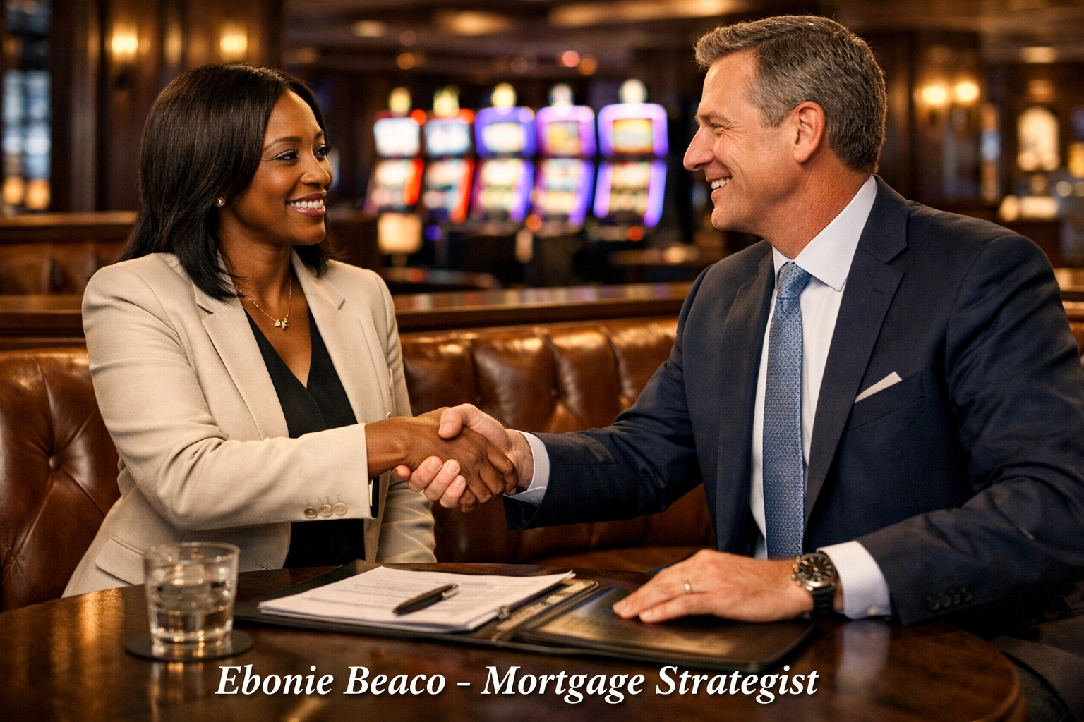 Real estate investor and tenant shaking hands in a Chicago lounge featuring profitable slot machines.
