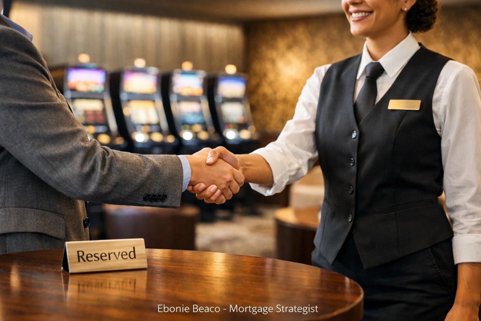 Chicago landlord and business tenant shaking hands in a bar featuring revenue-generating slot machines.