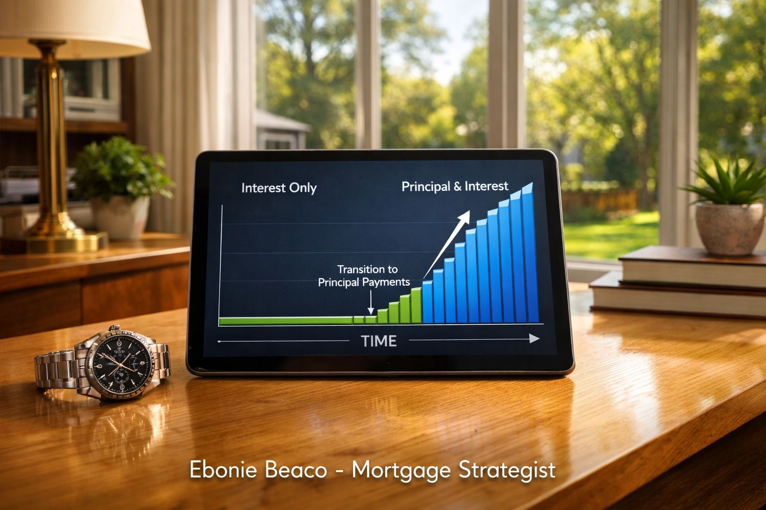 Tablet showing a HELOC repayment phase graph with rising payments in a sunlit home office.