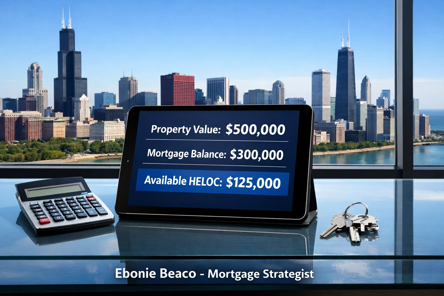 Financial breakdown on a tablet showing home equity calculations and HELOC limits for a Chicago property.