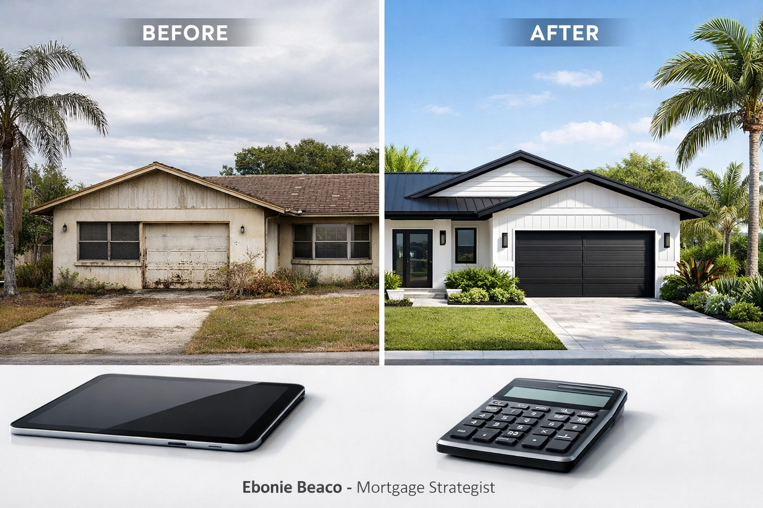 Before and after comparison of a renovated Florida home highlighting real estate investment profit.