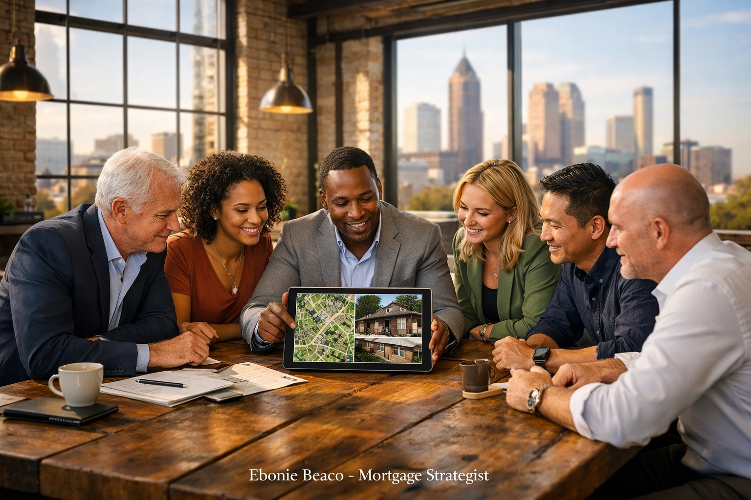 Real estate investors in an Atlanta office analyzing target properties for a wholesale deal.