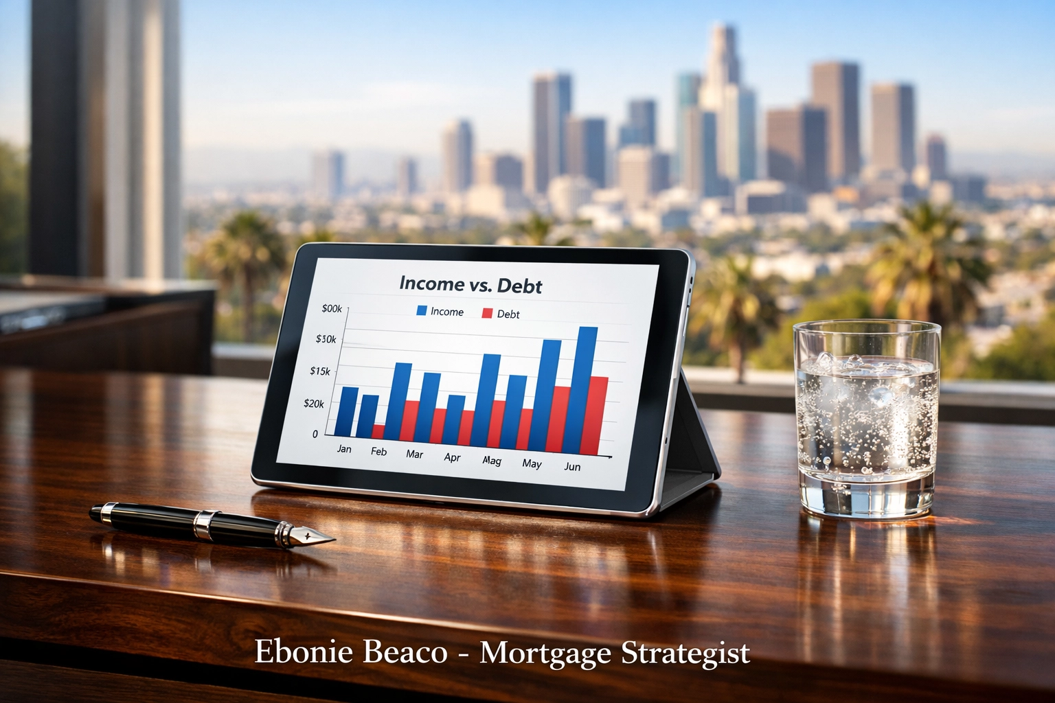 Financial bar chart on a tablet displaying debt-to-income ratio calculations for a California Jumbo Loan.