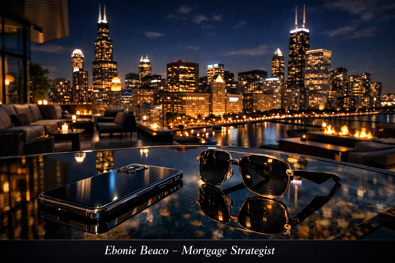 Chicago skyline view from a luxury rooftop lounge illustrating creative DSCR investor loan financing strategies.